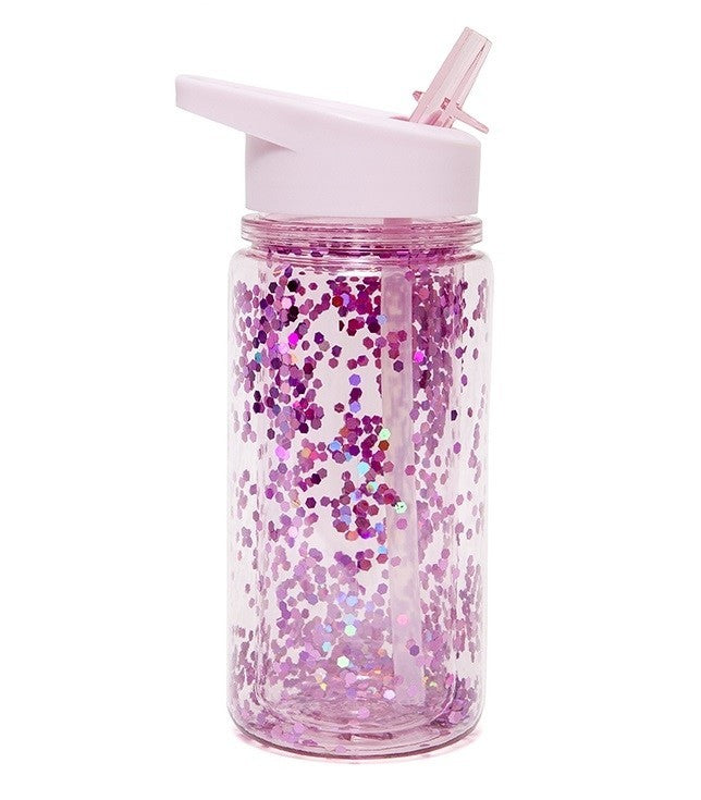 Vattenflaska, rosa glitter - 300 ml